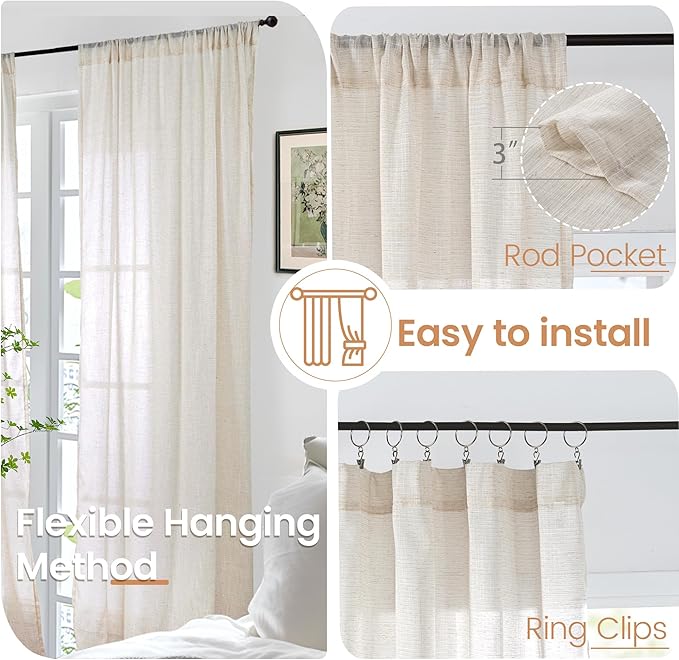 BGment Oatmeal Semi Sheer Curtains for Living Room 84 Inch Length 2 Panels Set - Rod Pocket Linen Drapes Camel Light Filtering Window Treatments for Bedroom Dining Farmhouse Lightweight, 52 X 84 Inch