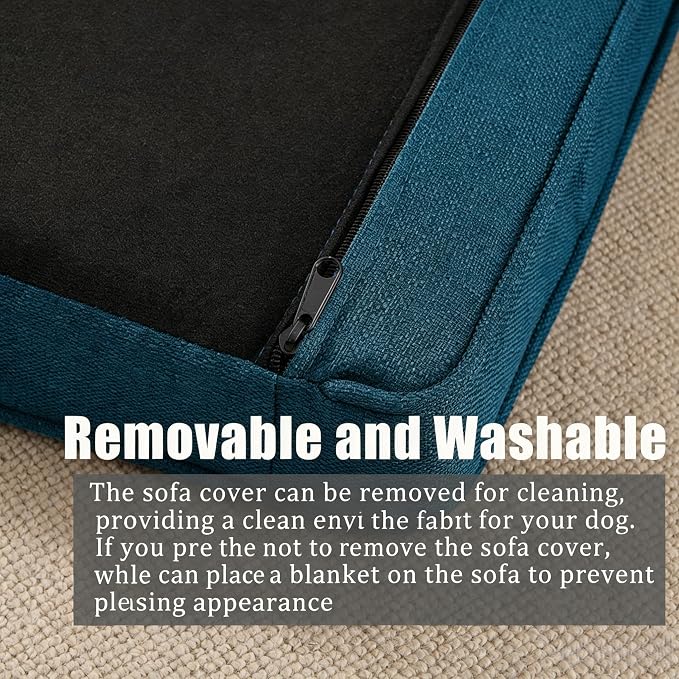 Large Dog Couch, for Large & Extra Large Dogs | Removable & Washable | No Assembly Required | Breathable Linen Fabric | Soft Foam |Floor-friendly sofa legs | Blue