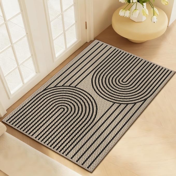 Faux Jute Front Door Mat, 2' x 3' Entryway Porch Rug, Black Farmhouse Ultra-Thin Washable Non-Slip Mat for Indoor Foyer & Outdoor Patio Decor