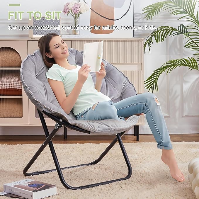 VECELO Saucer Chair for Adults, Folding Moon Chair with Metal Frame, Faux Fur for Bedroom, Living Room, Dorm Room, Apartment, Grey