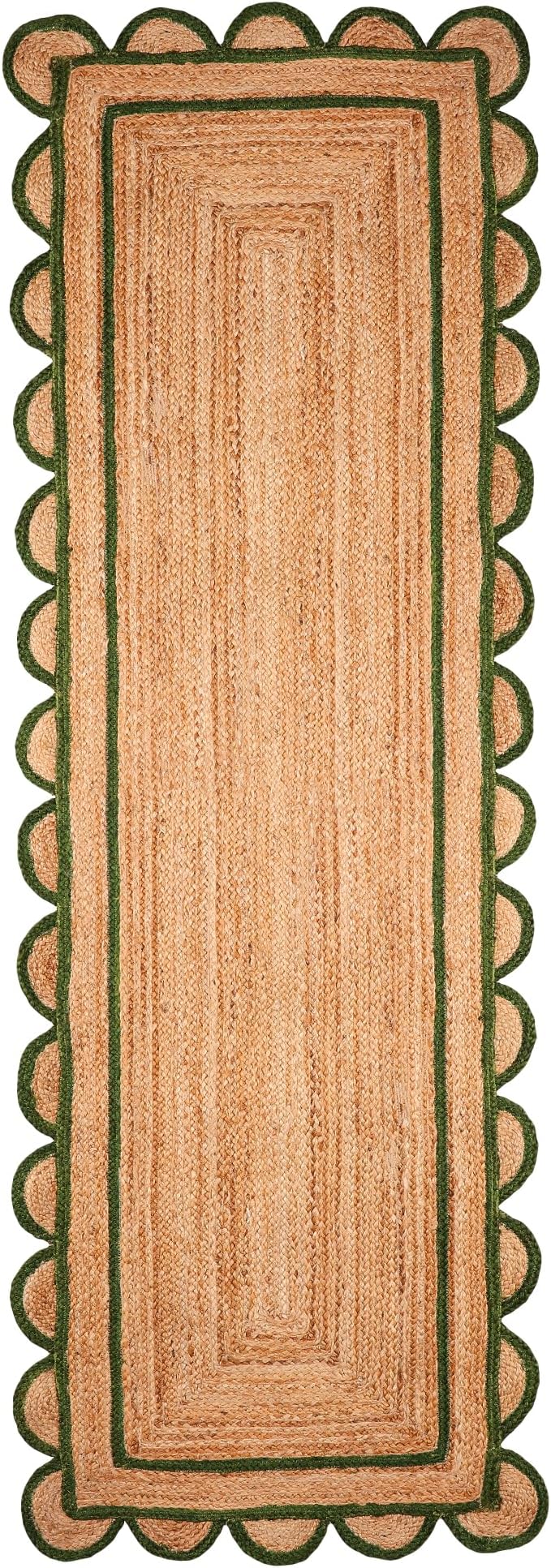 Scalloped Natural Jute Area Rug for Bedroom Living Room, Kitchen, Patio, Hallway, Entryway, Indoor, Outdoor, Farmhouse, Modern Carpet, Door Mat Green, 2x3 ft.