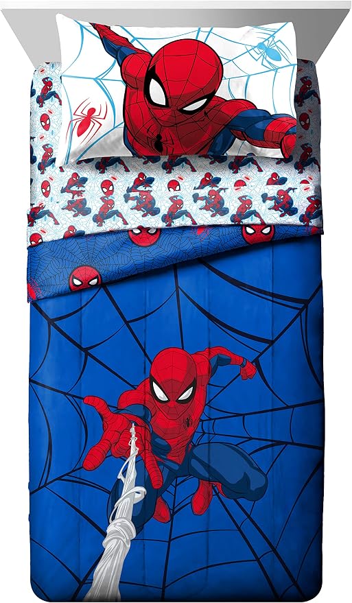 Marvel Spiderman Twin Comforter Set 5 Piece Kids Bedding for Boys, Blue | Bed in a Bag, Comforter Sheets Sham Pillowcase, Official Brand, Soft Microfiber, Machine Washable, Easy Care, Boys Gift