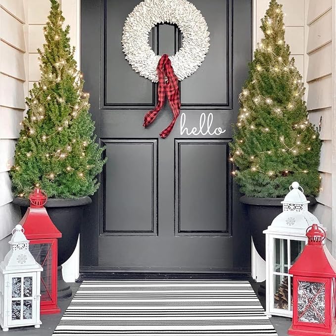LEEVAN 2.3'X3.6' Black and White Striped Woven Reversible Outdoor Rug | Small Machine Washable Front Porch Rug, Cotton Entryway Door Mat, Indoor Layering Carpet for Farmhouse Bathroom Laundry