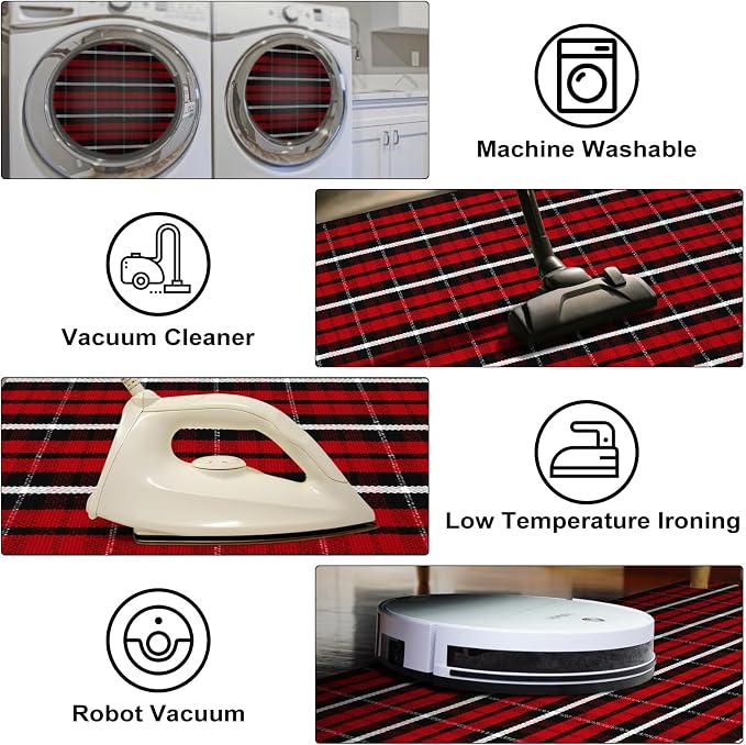 KIMODE Christmas Door Mat Outdoor 24"X51",Red/Black Buffalo Plaid Rug,Washable Cotton Hand-Woven Layered Door Mats,Reversible Outdoor Christmas Decor for Front Porch,Entryway,Kitchen