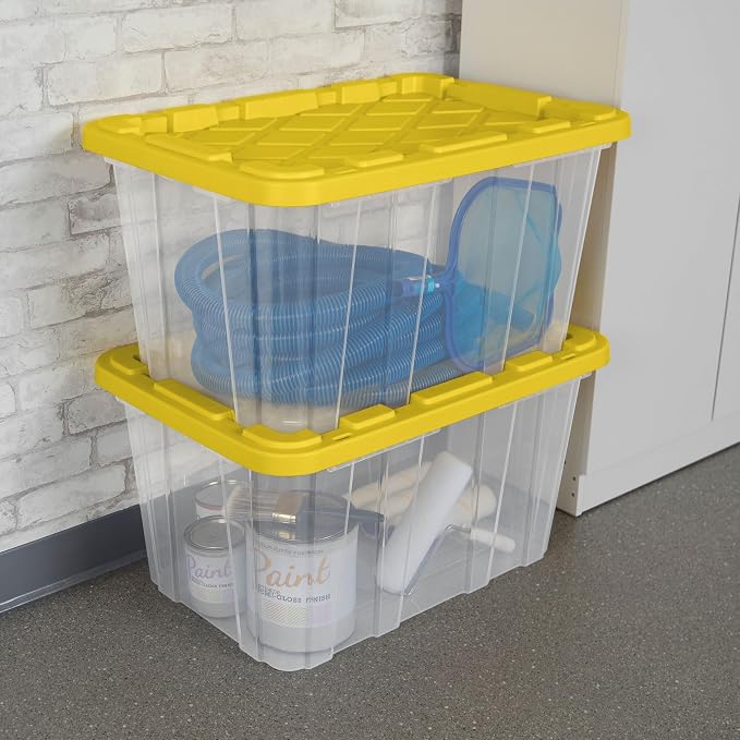 Sterilite Industrial Storage Box with Lids for Garage, 27 Gallon, 12-Pack | Heavy-Duty and Stackable Utility Box Containers for Home, Office, and Basement Organization, Yellow