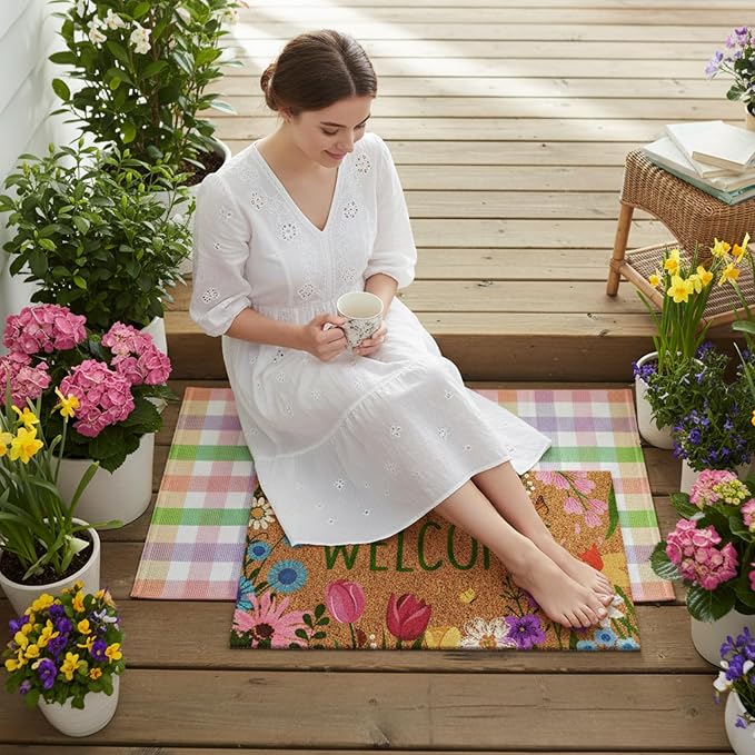 Moucuny 2 Pcs Farmhouse Coir Doormat Outdoor Flower Welcome Outdoor Rug Front Porch Mats Layered Colorful Plaid Rugs for Front Door Porch Entryway Decor