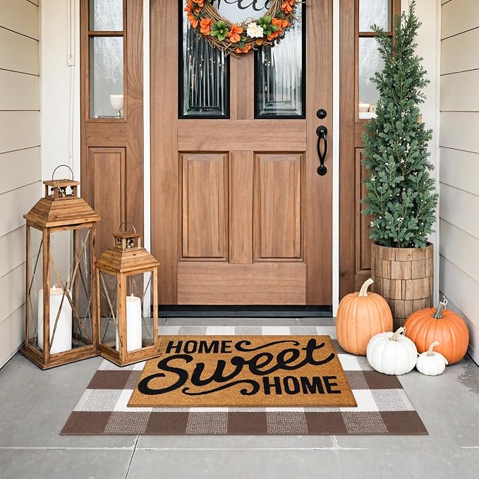 KIMODE Fall Decor Door Mat Buffalo Plaid Outdoor Mat 24"x35" Farmhouse Brown Checkered Rug Fall Thanksgiving Front Porch Rug Decor Washable Layered Door Mats Outdoor Autumn Mats