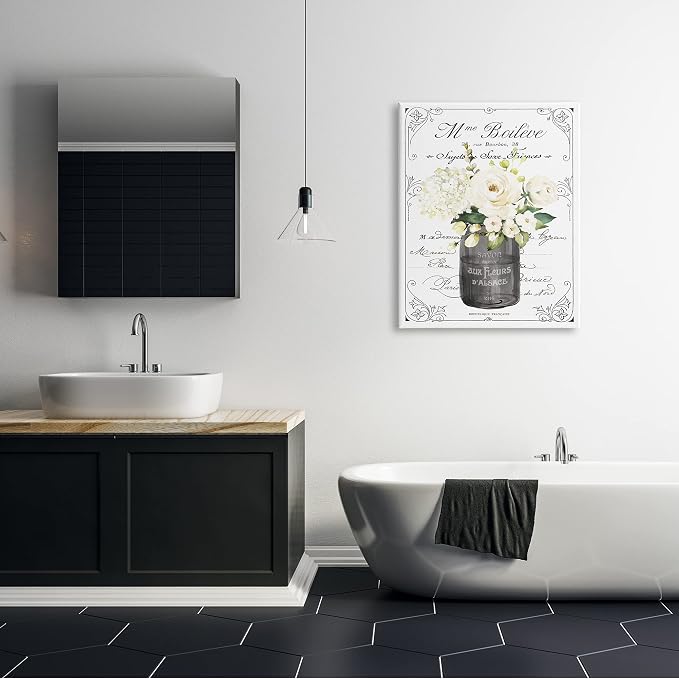 Vintage Parisian Floral Bathroom Bouquet, 30 x 40 Inch Canvas Wall Art | Stupell Industries · By Lettered and Lined · Ready to hang · Charming bath and laundry decor · Made in USA