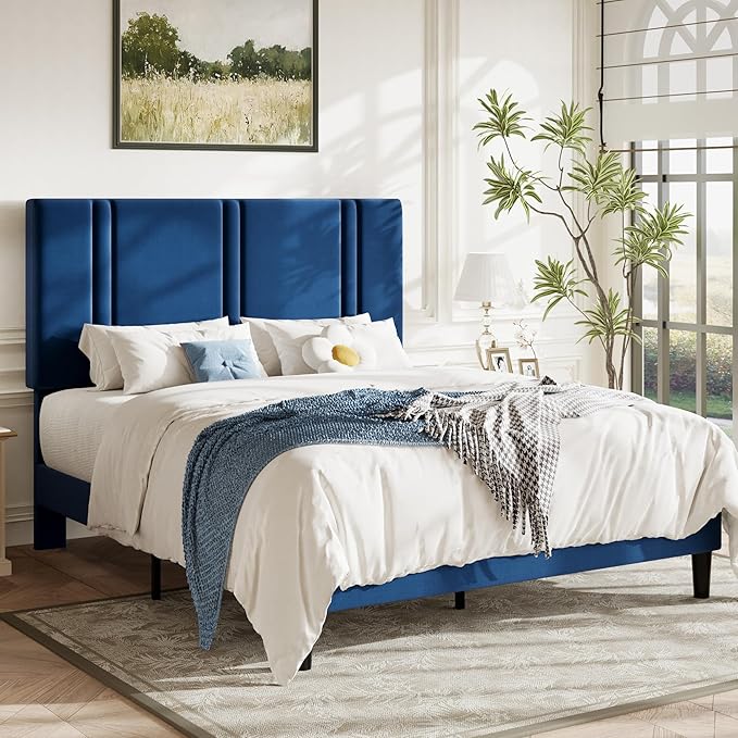 Allewie Full Size Platform Bed Frame with Adjustable Headboard | Plush Velvet Upholstered, Vertical Channel Tufted, Sturdy Wood Slats, No Box Spring Needed, Easy Assembly, Blue