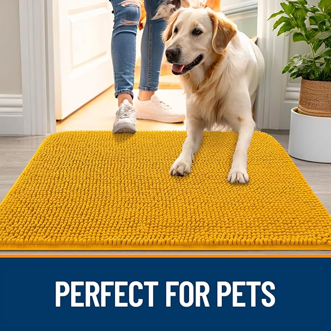 OLANLY Dog Door Mat for Muddy Paws 47x17, Absorbs Moisture and Dirt, Absorbent Non-Slip Washable Doormat, Quick Dry Chenille Mud Mat, Entry Indoor Entryway Carpet for Inside Floor, Golden Yellow