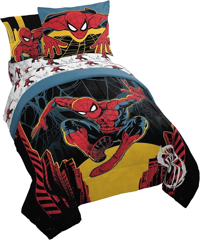 Jay Franco Kids Comforter Set Includes Sheets and Pillow Covers - Soft and Cozy Bed Set for Stylish Room Decor, Official Licensed Bedding, Black - Spiderman, 7 Piece Full