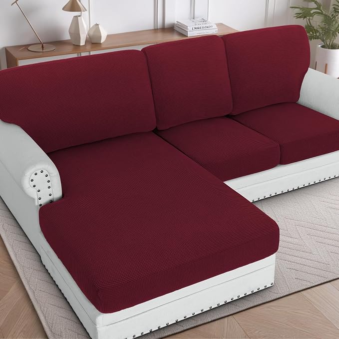 H.VERSAILTEX Sectional Couch Covers 6 Pieces Stretch Sofa Covers for Sectional Sofa Set Separate L Shaped Couch Cover for Both Left/Right Couch (Seat and Back: 1 Chaise + 2 Sofa, Burgundy)