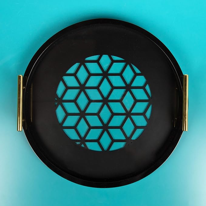 Kate and Laurel Caspen Round Cut Out Pattern Decorative Tray with Gold Metal Handles, Black