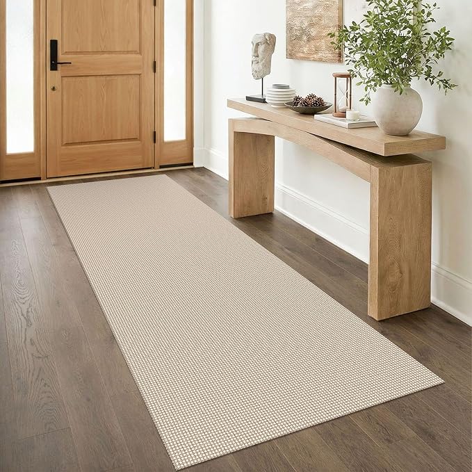 IOHOUZE Washable Runner Rug 3x8 Non Slip Rubber Backed Wide Hallway Runner Entryway Runner Indoor, Kitchen Rugs Woven Floor Carpet for Hall Entrance Bedroom, Cream/Beige
