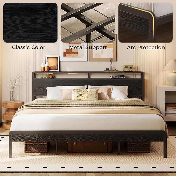 LIKIMIO California King Bed Frames with 2-Tier Storage Shelf Headboard | Dark Wood Platform Bed, Camas California King with Strong Metal Supports, Sturdy, Noise-Free, No Box Spring Needed, Black