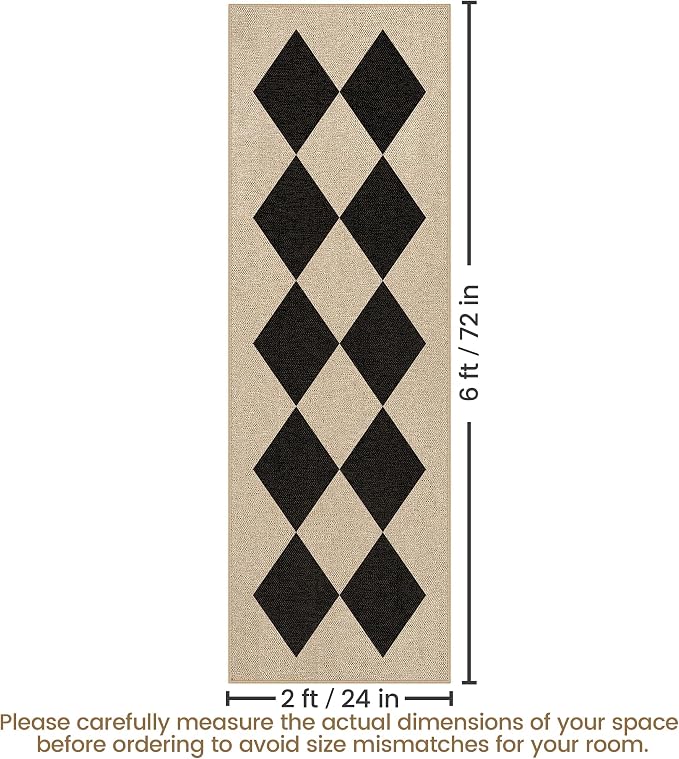Washable Checkered Easy Jute Runner Rug 2x6, Black Checkerboard Boho Geometric Outdoor Indoor Patio Rug, Woven Non Slip Thin Neutral Long Runner Carpet for Hallway Kitchen 6ft Entryway Porch