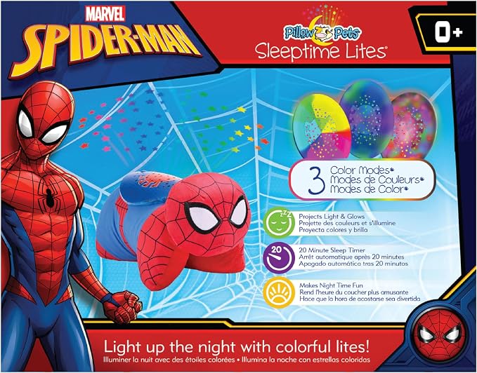 Pillow Pets Marvel Spider-Man, 11" Sleeptime Lite | Plush Pillow and Night Light in One, Projects Rainbow Stars, 3 Light Modes, 20-Minute Auto-Off Timer, BPA Free