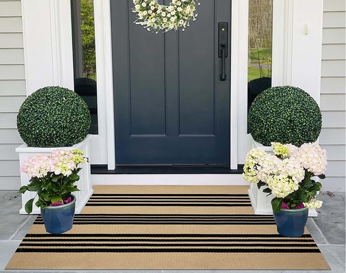 Striped Layered Doormat 27.5"x43",Tan and Black Front Porch Rug Cotton Woven Washable Farmhouse Entryway Rug Indoor Outdoor Front Door Mat for Porch/Entryway/Home Entrance Decor