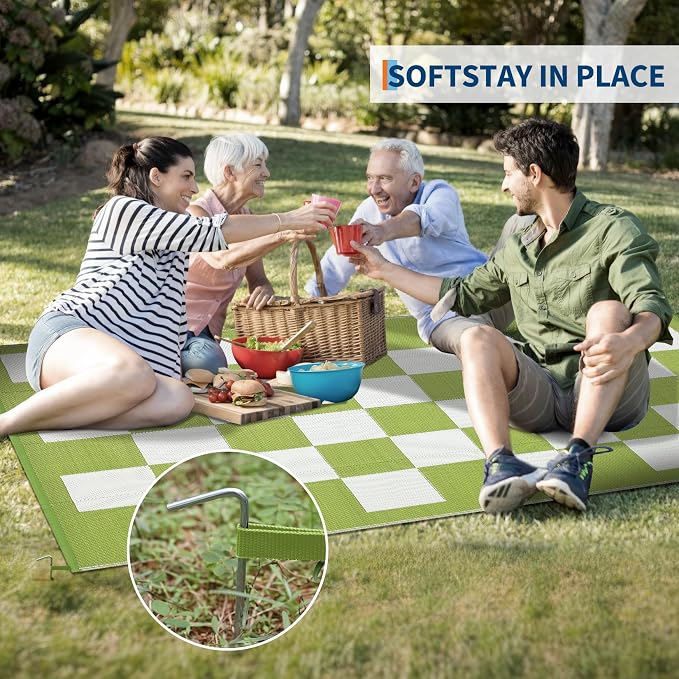 GarveeHome Large Outdoor Rug 9 x 18 Waterproof Modern Checkboard Plastic Straw Rug, Foldable Reversible Camping Mat, UV-Resistant Geometric Plaid Woven Carpet for Picnic, Deck, Green White