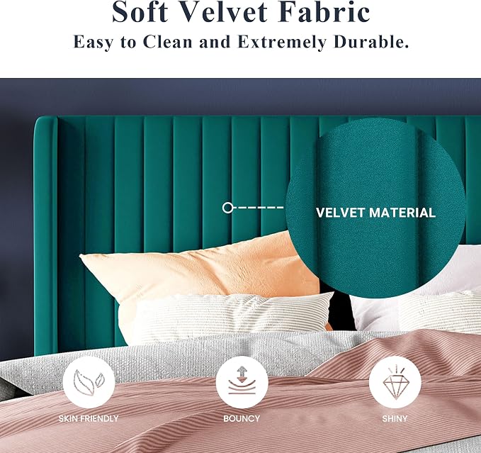 Allewie Full Size Bed Frame/Velvet Upholstered Platform Bed/Vertical Channel Tufted Wingback Headboard/Strong Wooden Slats/No Box Spring Needed/Easy Assembly/Teal