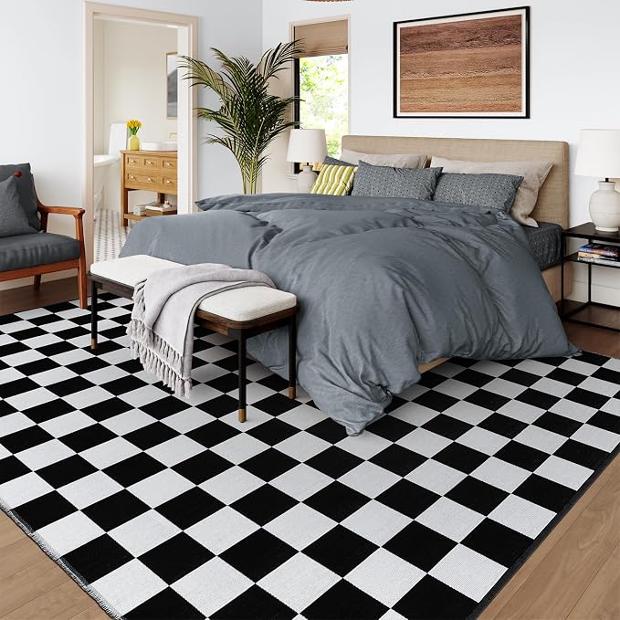 Seavish Checkered Rug 8x10 Black and White Area Rugs for Living Room | Large Low-Pile Bedroom Rugs Modern Cotton Woven Checkerboard Rug Washable Neutral Rug for Dining Room Nursery Office