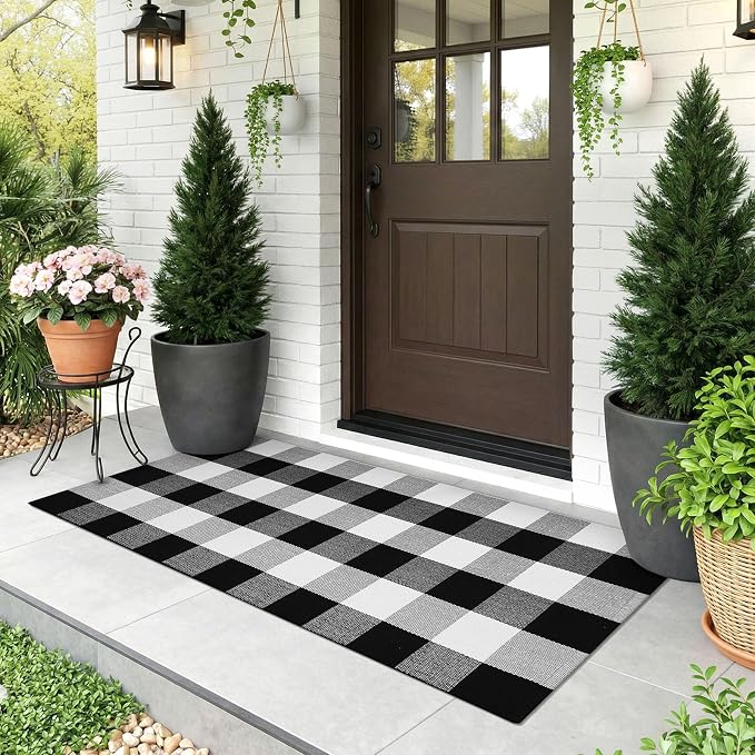 KOZYFLY Buffalo Plaid Area Rugs 2x4.3 Ft Black and White Rug Washable Front Door Mat Woven Cotton Indoor Outdoor Rug for Front Porch Kitchen Entryway Patio Farmhouse Checkered Doormat