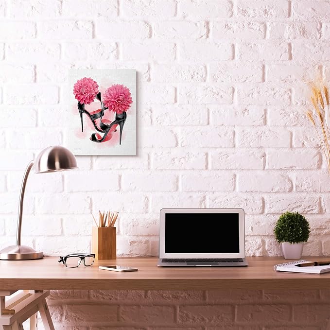 Stupell Industries Pink High Heel Glam Fashion Flower Painting Canvas Wall Art, 16 x 20, Multi-Color