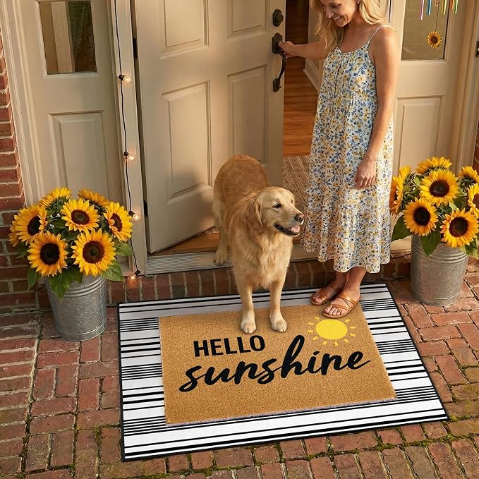 2 Pcs Layered Front Porch Decor, Hello Sunshine Welcome Doormats Summer Coastal Entryway Rug Set, Black and White Striped Crystal Velvet Base and PVC Coil Door Mat, 15.7x23.6 & 23.6x31.5