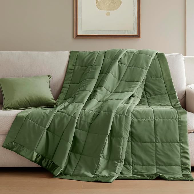 Madison Park Down Alternative Queen Blanket for Bed, Satin Trim, Green | Lightweight Windom Blanket Full Size Premium 3M Scotchgard Moisture Wicking Treatment, OEKO TEX, Soft Bed Cover, All Season