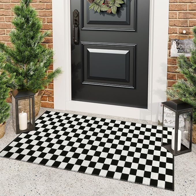 Seavish Black and White Checkered Rug, 2x4.3 Ft Outdoor Front Door Rugs | Low Pile Washable Cotton Woven Runner Rugs, Reversible Layered Floor Door Mat for Front Door Hallway Entryway Porch Patio