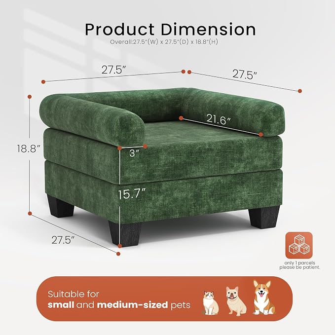 KKL Dog Couch 27.5" Wide, 2-in-1 Removable Base–Elevated 18.8" Dog Sofa Bed for Small & Medium Cats & Dogs, Matching Human Sofa Style, Green