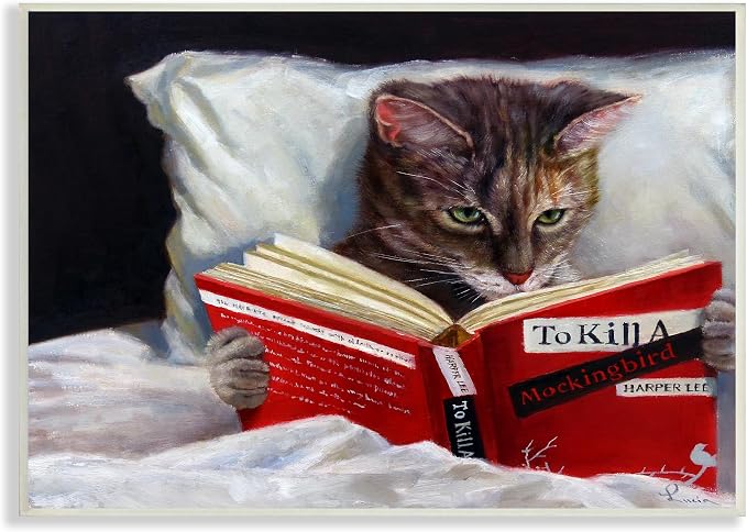 Stupell Industries Cat Reading a Book in Bed Funny Painting Wall Plaque, 10 x 15, Design by Artist Lucia Heffernan | Stupell Industries | 15 x 10 Inches, Easy to Hang and Sturdy, Made in USA, by Lucia Heffernan