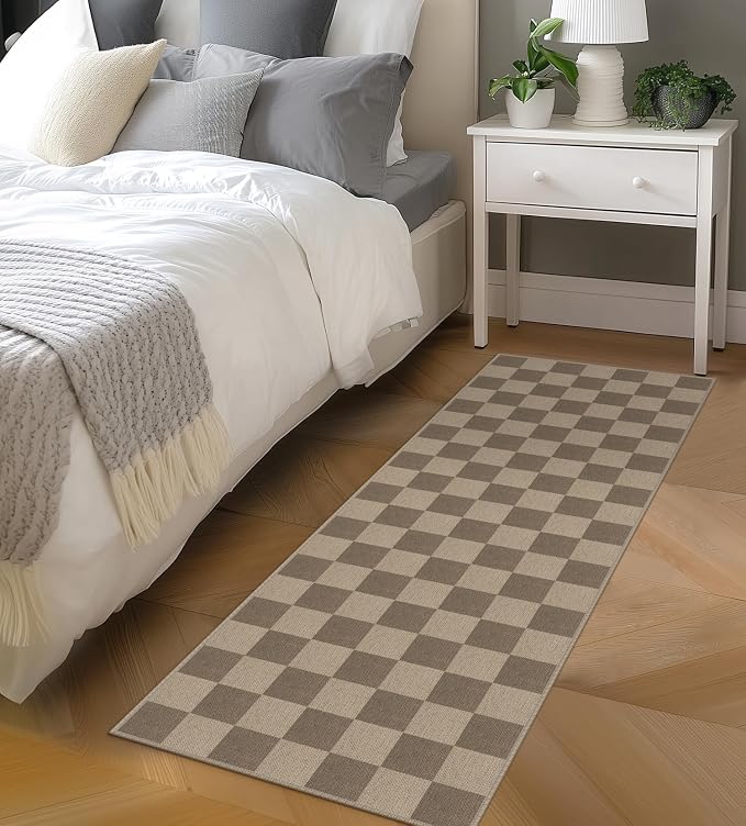 Rugalia Easy Jute Checkered Runner Rug, 2x6 Brown Modern Washable Rugs Runner for Hallway Non-Slip Kitchen Runner Rug, Farmhouse Checkerboard Indoor Outdoor Carpet for Porch Laundry Entryway