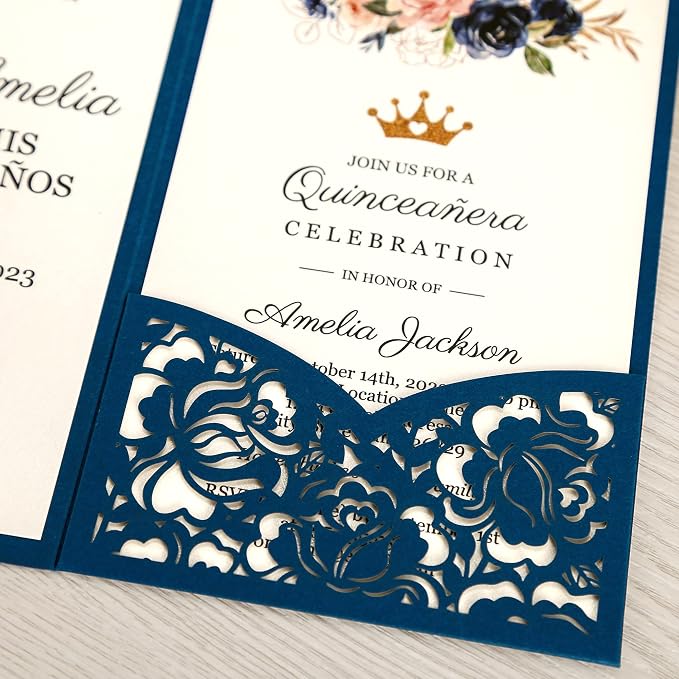 DORIS HOME 50Pcs Personalized Laser Cut Quinceanera Invitations, Blue | 4.7"x7.1", Customized Quince Invitations, For 15th Birthday, Sweet 16, With Envelopes