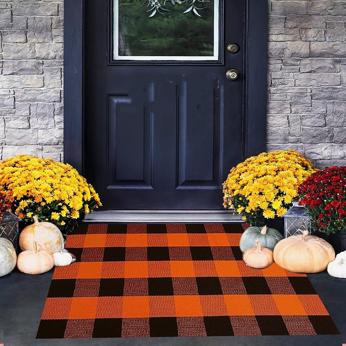 SEEKSEE Buffalo Plaid Outdoor Rug 27.5x43 Orange and Black Front Door Mat, Layering Rug for Porch, Halloween Doormat, Front Porch Rug for Outdoor Entrance Entryway Patio Porch Decor
