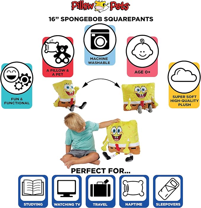 Pillow Pets Nickelodeon Spongebob Squarepants, 16" Plush Toy | Soft Plush Pillow Companion, Unfastens into a Cozy Pillow at Night, Machine Washable, BPA and Phthalates Free