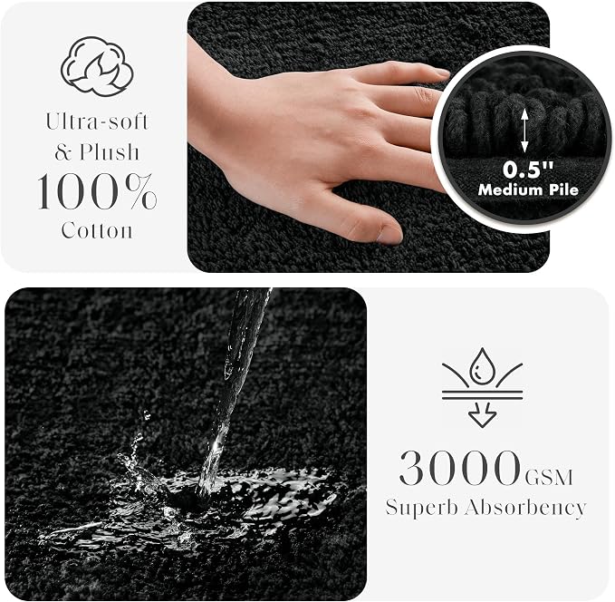 Madison Park Splendor Reversible 100% Cotton Bath Rug, 17 x 24, Black | Tufted Bathroom Mat, 3000 GSM, Hotel Quality, Luxurious Plush, Medium Pile, Absorbent, Quick Dry, OEKO-TEX, Shower Room Décor
