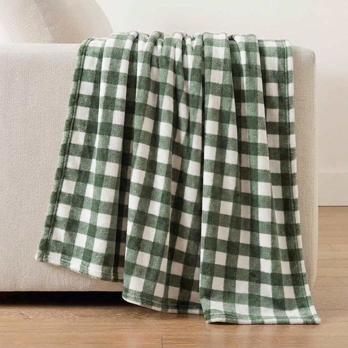 Martha Stewart - Blanket, Incredibly Soft Throw Blanket for Couch or Bed, Printed Plush & Oversized Bedding (Madison Gingham Green, 60" x 70")
