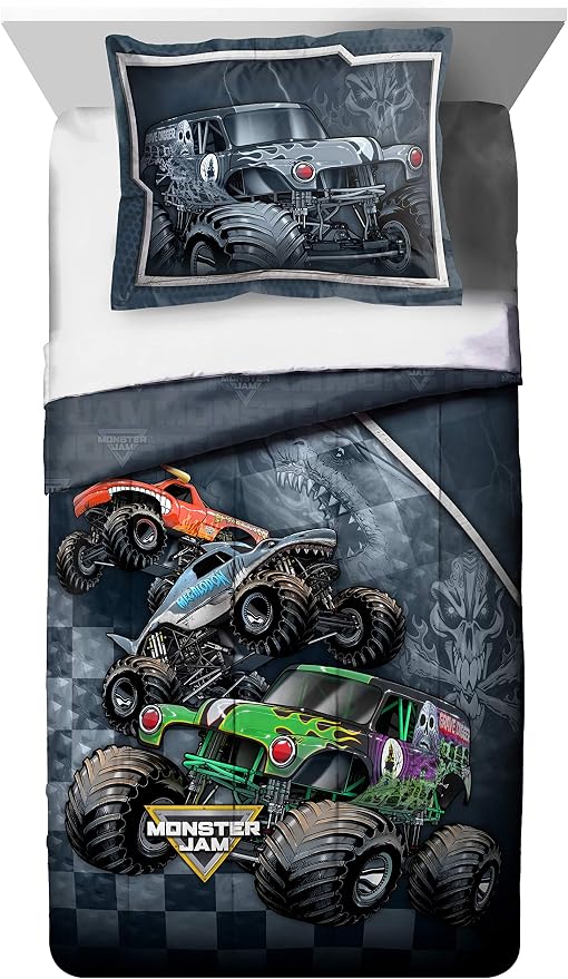 Monster Jam Trucks Full Size Size Comforter Set 7 Piece Kids Bedding, Multi | Grave Digger Megalodon, Bed in a Bag, Comforter Sheets Shams Pillowcases, Soft Microfiber, Machine Washable, Boys Gift