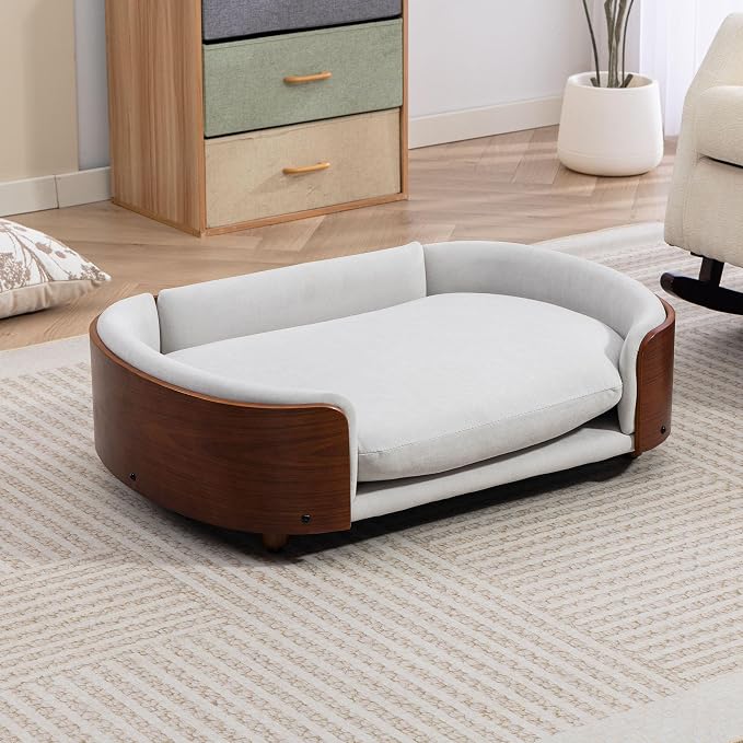 Elevated Dog Bed Pet Sofa with Solid Wood Legs and Bent Soft Backrest, Pet Cat Stool Bed with Velvet Cushion,for Large and Medium Size Dogs Kitten, Large Size