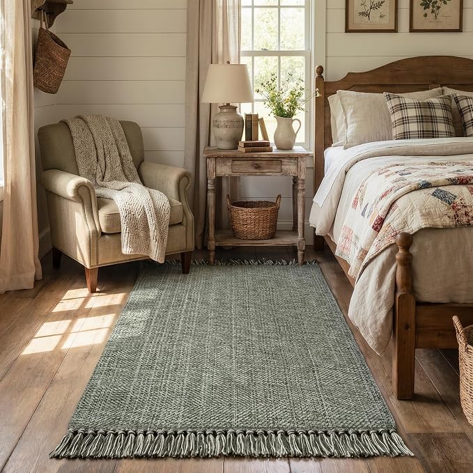 Collive 3' x 5' Indoor Outdoor Porch Rug, Sage Green Modern Farmhouse Entryway Rug Boho Front Door Mat, Hand-Woven Washable Kitchen Rugs for Patio Bedside Nursery Decor