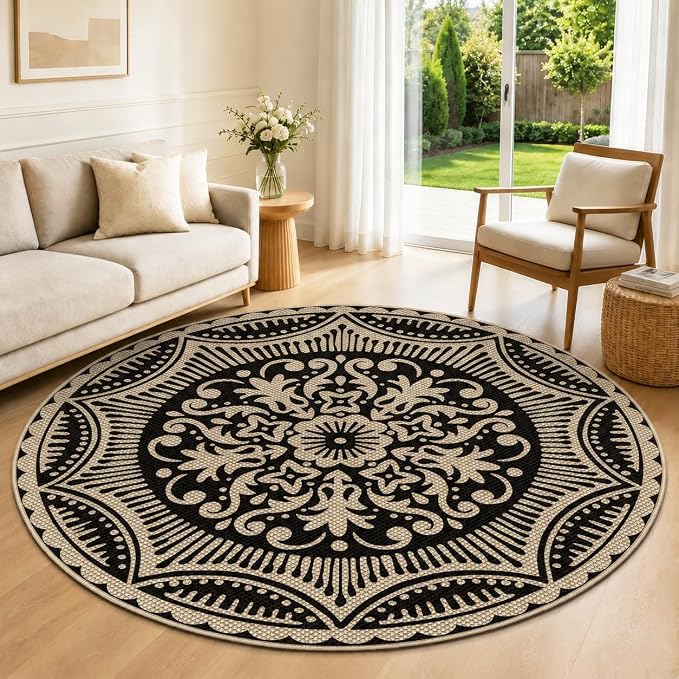 Capslpad Round Faux Jute Rug 6ft Washable Non Slip Area Rugs for Living Room Boho Circle Patio Carpet Low Pile Floral Indoor Outdoor Rug for Backyard Bedroom Kitchen Entryway,Black&Nature
