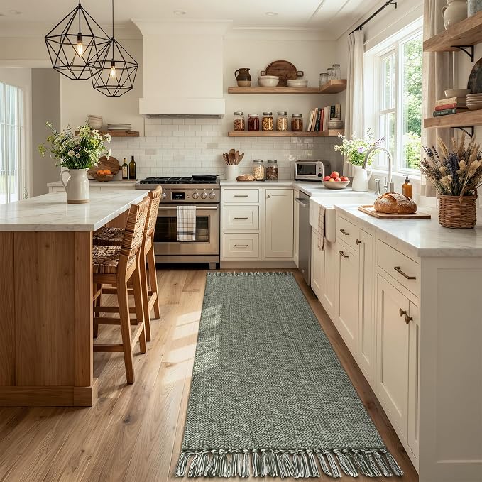 Collive Sage Green Kitchen Runner Rug, Modern Farmhouse Hallway Runner Rug Boho Washable Bathroom Rugs, 2.6' x 8' Braided Entry Hall Carpet for Laundry Bedroom Decor