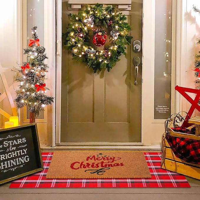 Christmas Red Green White Plaid Rug, 24"x 51" Cotton Hand-Woven Buffalo Check Layered Door Mat for Front Porch, Entryway, Outdoor Holiday Decor, Washable Farmhouse Rug for Home, Patio, Kitchen