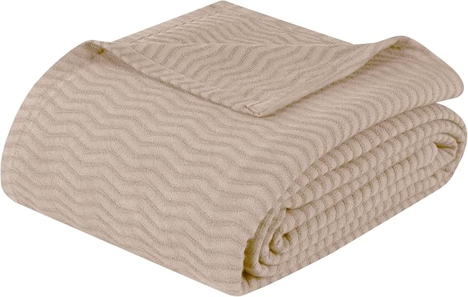 Superior JENA Cotton Blanket Picnic, Beach, Traveling or Camping, Bedroom Decor, Essentials, Cover for Bed, Couch, Lounging, Textured Jacquard, Modern Chevron Woven Blanket, California King, Khaki