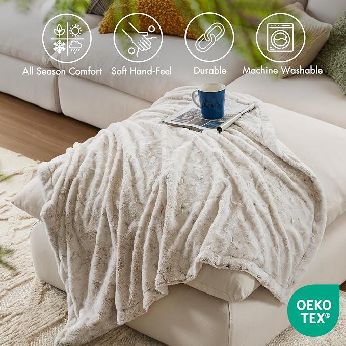 Madison Park Zuri Faux Fur Reversible Throw Blanket, 50 x 60, Snow Leopard | Soft Plush, Luxury, Animal Stripes, Mink Reverse, Modern, All Season, for Bed Sofa Couch, OEKO-TEX Certified