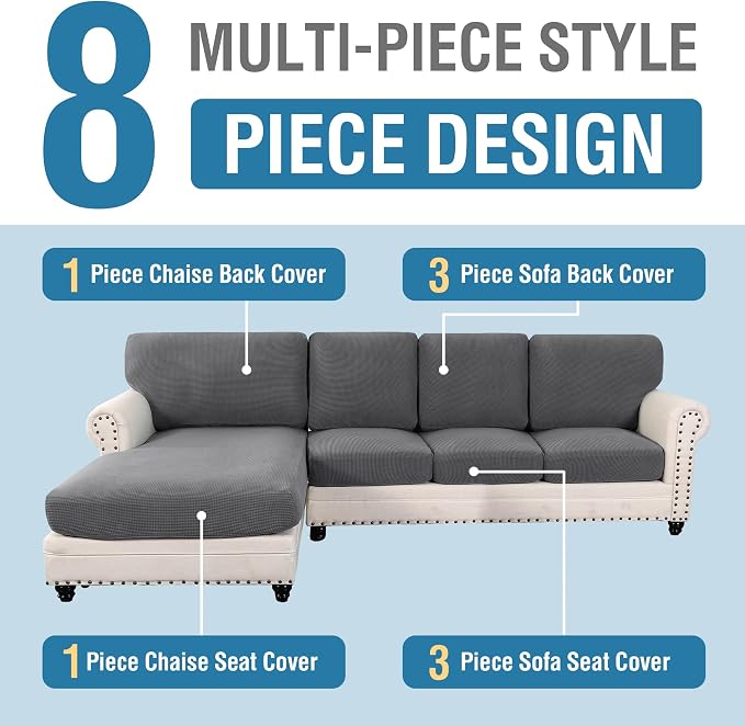 H.VERSAILTEX Sectional Couch Covers 8 Pieces Stretch Sofa Covers for Sectional Sofa Set Separate L Shaped Couch Cover for Both Left/Right Couch (Seat and Back: 1 Chaise + 3 Sofa, Grey)