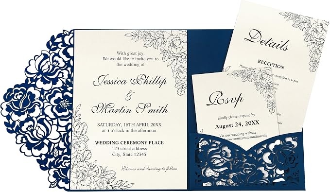 DORIS HOME Laser Cut Wedding Invitation Pockets, Blue, 5"x7" | 50pcs, With Envelopes, For Wedding & Anniversary, No Inserts Included