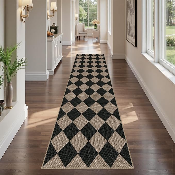 Rugalia Easy Jute Checkered Runner Rug, 2.6x10 Black Modern Washable Rugs Runner for Hallway Non-Slip Kitchen Runner Rug, Geometric Diamond Indoor Outdoor Carpet for Porch Laundry Entryway