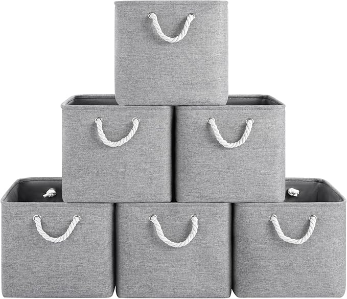 ECDYQXVU 13x13x13 Inch Storage Cube Bins Foldable Organizer Baskets 6 Pack | Soft Cotton Handles, Premium EVA Fabric, Hard Cardboard Bottom, Sturdy Metal Rim, Closet Shelf, Living Room, Bedroom, Laundry